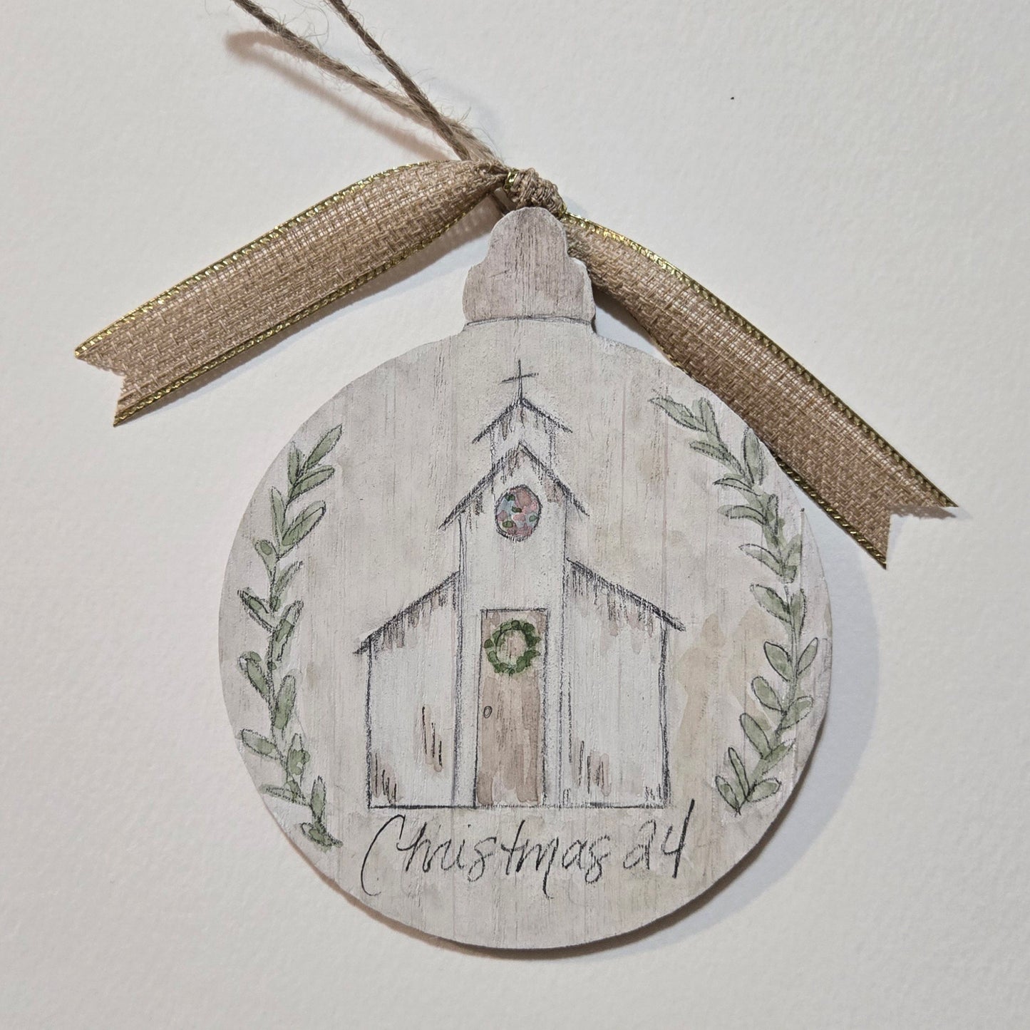 White Church Christmas Ornament (Hand painted)